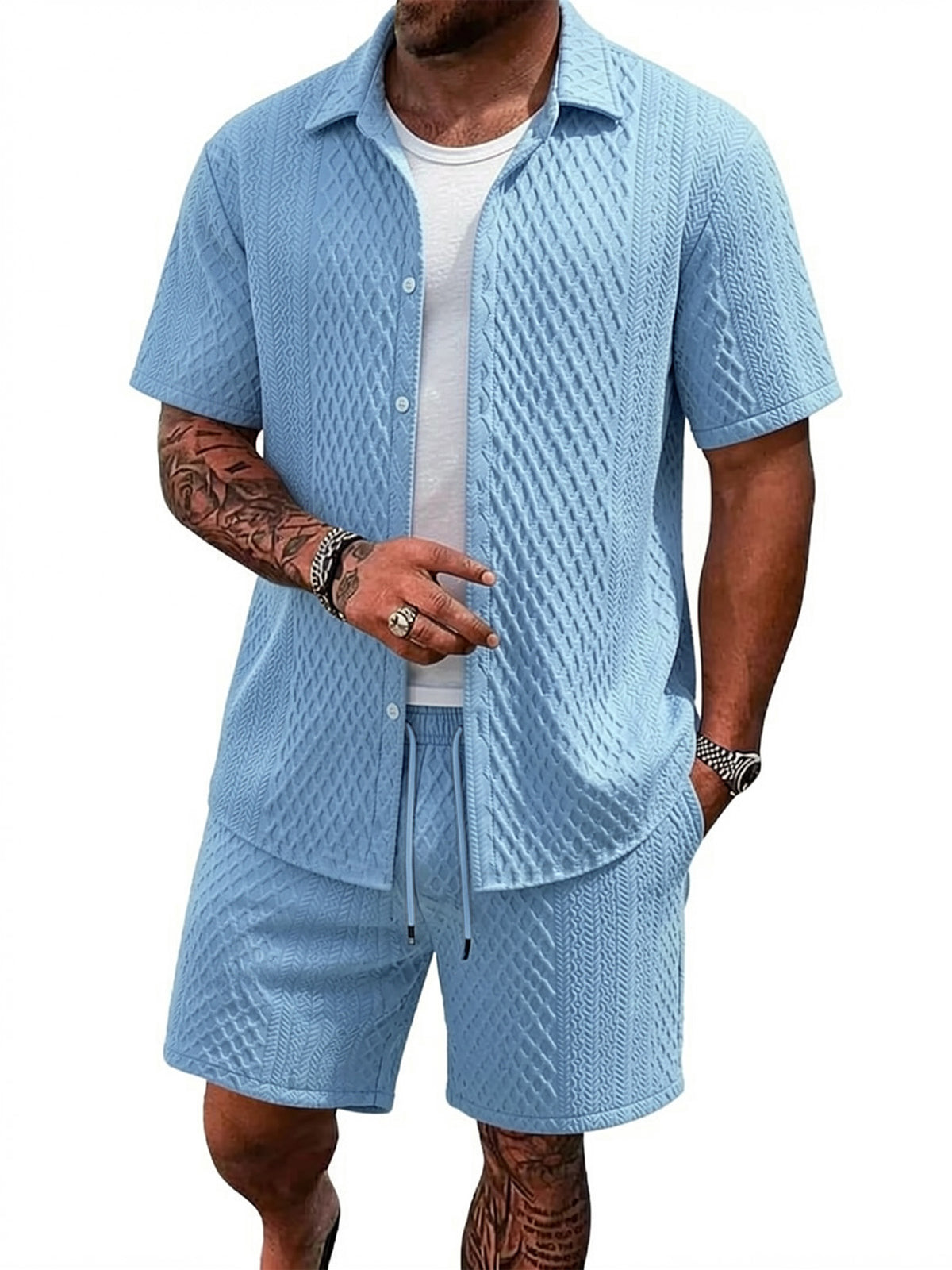 TZTH01 Men Sets, Men Outfit, Summer Men Clothing, Textured Shirt Set, Casual 2 Piece Set, Beach Outfit