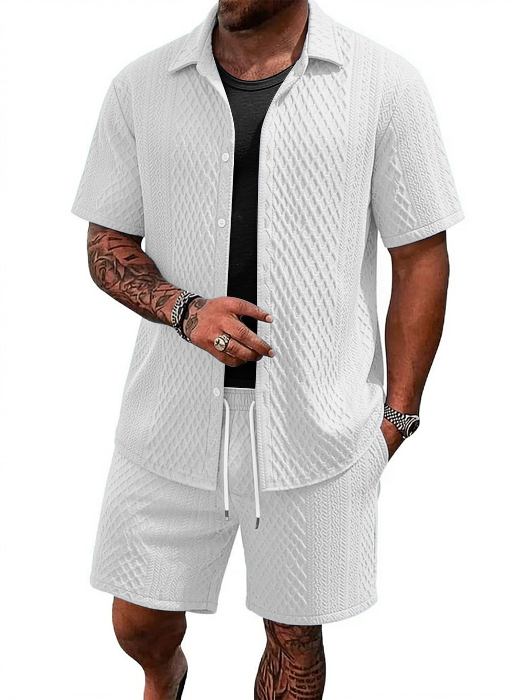 TZTH01 Men Sets, Men Outfit, Summer Men Clothing, Textured Shirt Set, Casual 2 Piece Set, Beach Outfit