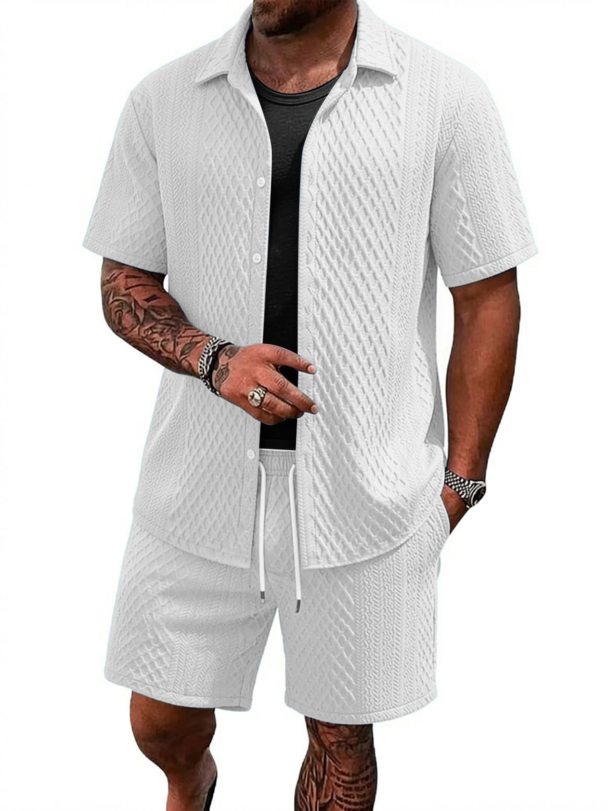 TZTH01 Men Sets, Men Outfit, Summer Men Clothing, Textured Shirt Set, Casual 2 Piece Set, Beach Outfit