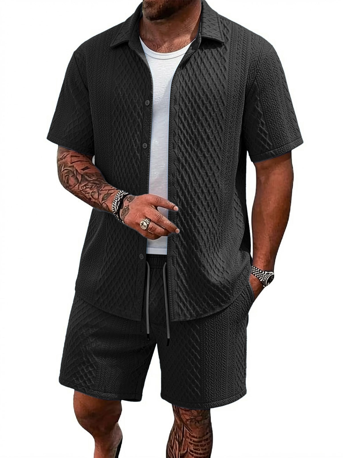 TZTH01 Men Sets, Men Outfit, Summer Men Clothing, Textured Shirt Set, Casual 2 Piece Set, Beach Outfit