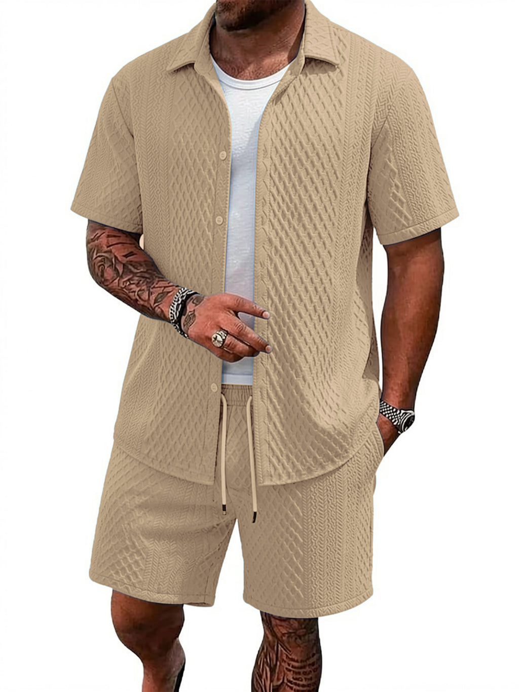 TZTH01 Men Sets, Men Outfit, Summer Men Clothing, Textured Shirt Set, Casual 2 Piece Set, Beach Outfit
