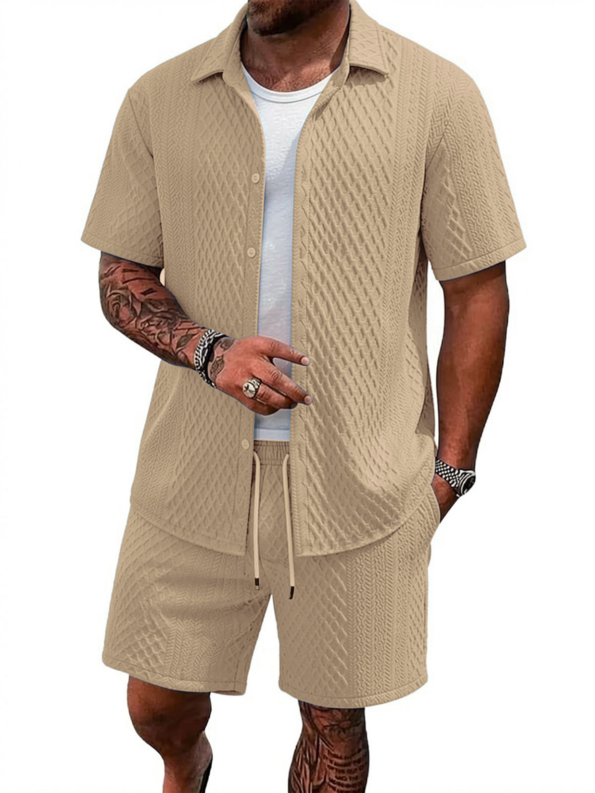 TZTH01 Men Sets, Men Outfit, Summer Men Clothing, Textured Shirt Set, Casual 2 Piece Set, Beach Outfit