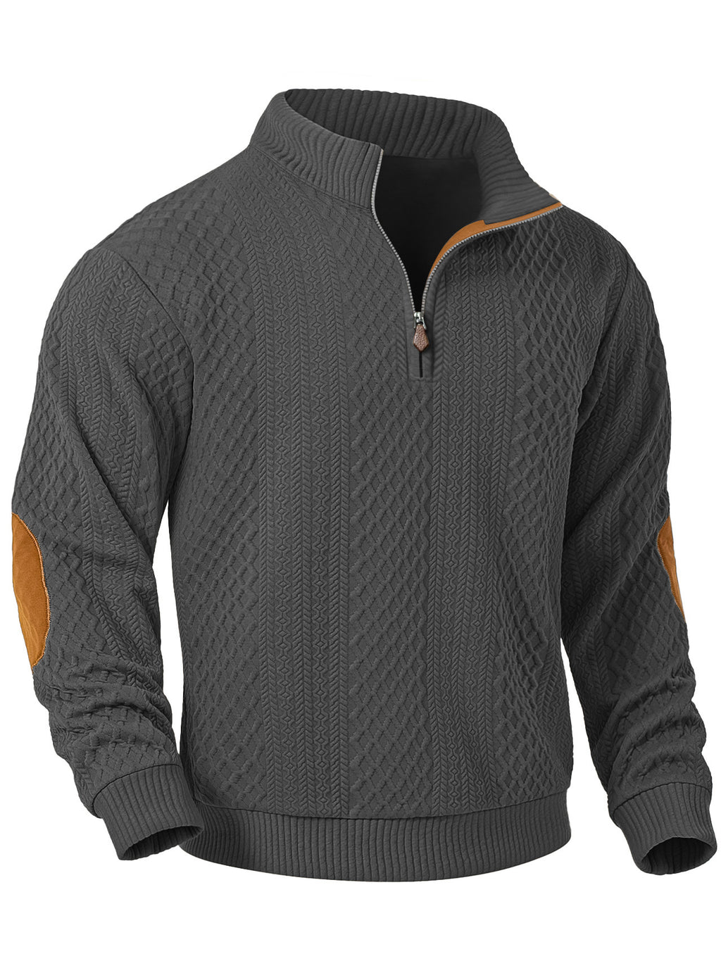JK03 Riskrole Men's Quarter Zip Cable Knit Sweater with Faux Leather Elbow Patches