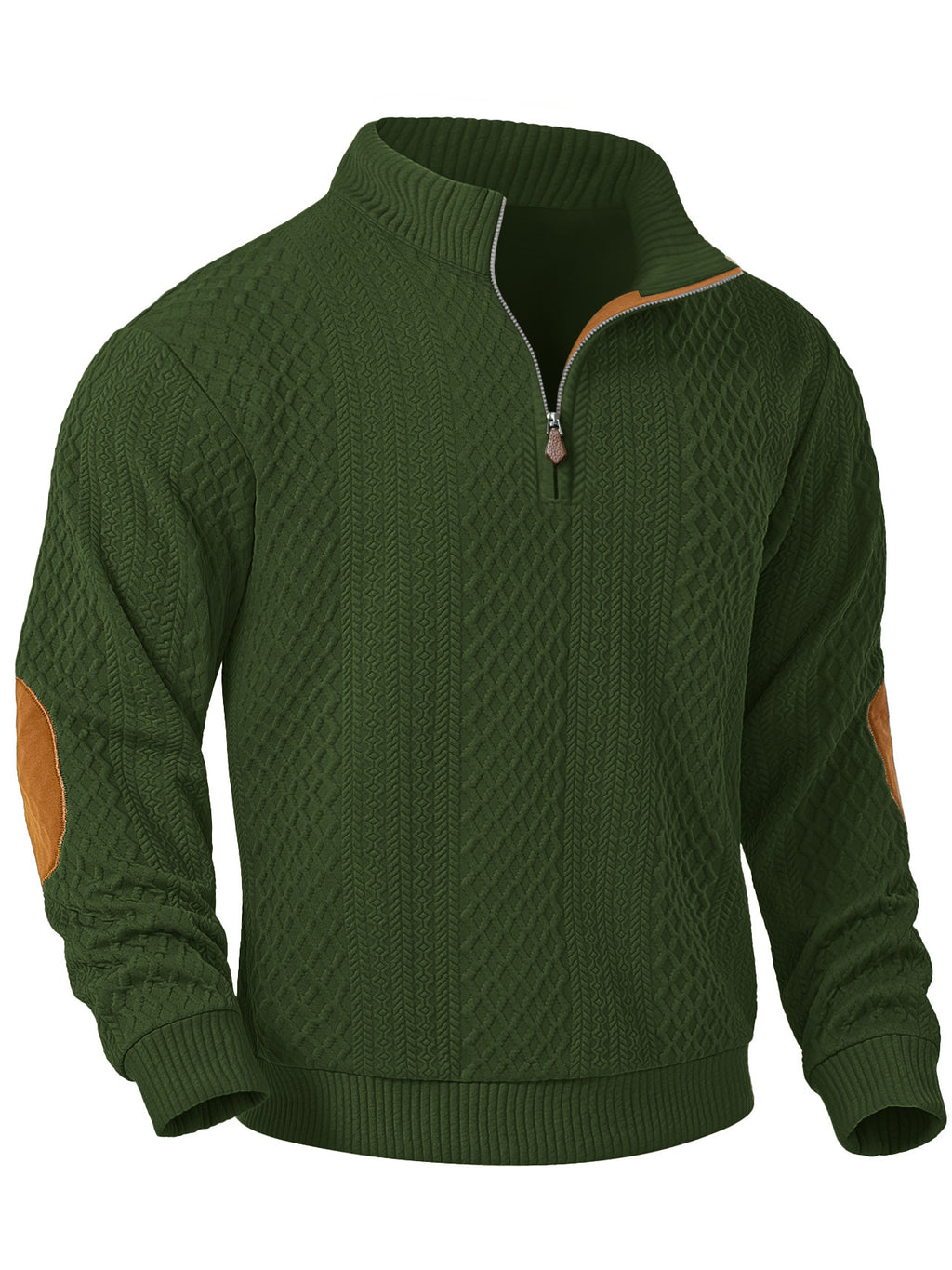 JK03 Riskrole Men's Quarter Zip Cable Knit Sweater with Faux Leather Elbow Patches