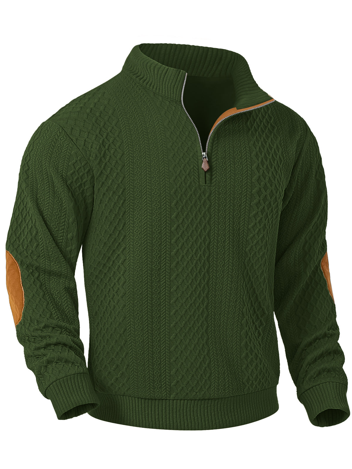 JK03 Riskrole Men's Quarter Zip Cable Knit Sweater with Faux Leather Elbow Patches