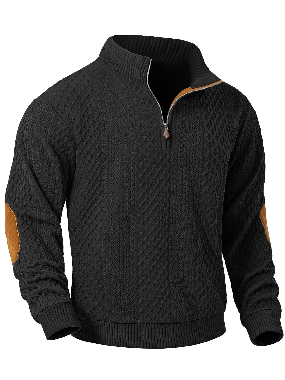 JK03 Riskrole Men's Quarter Zip Cable Knit Sweater with Faux Leather Elbow Patches