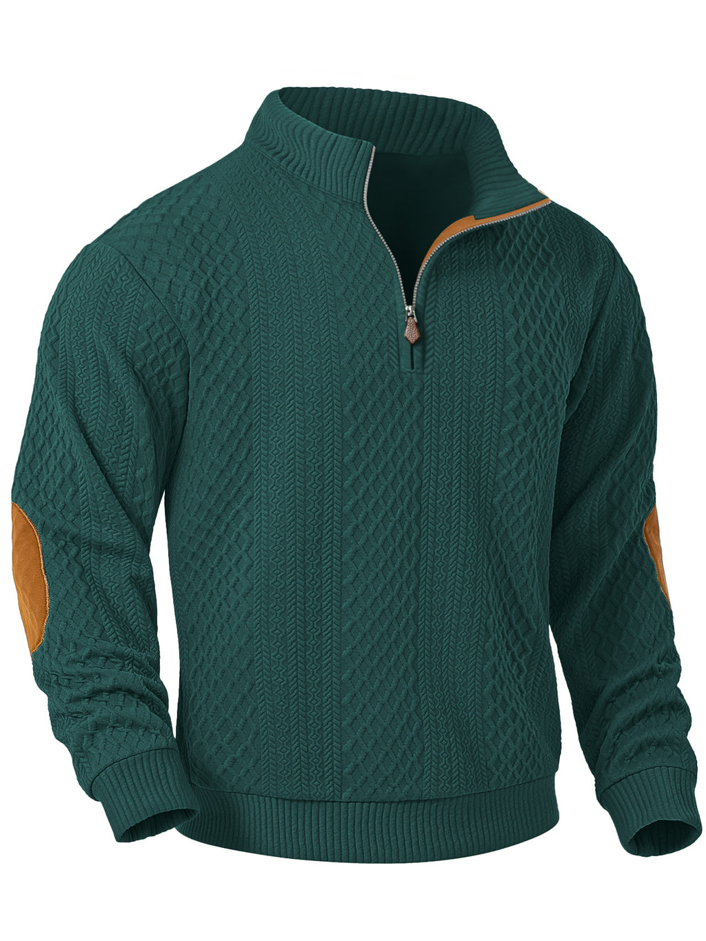 JK03 Riskrole Men's Quarter Zip Cable Knit Sweater with Faux Leather Elbow Patches
