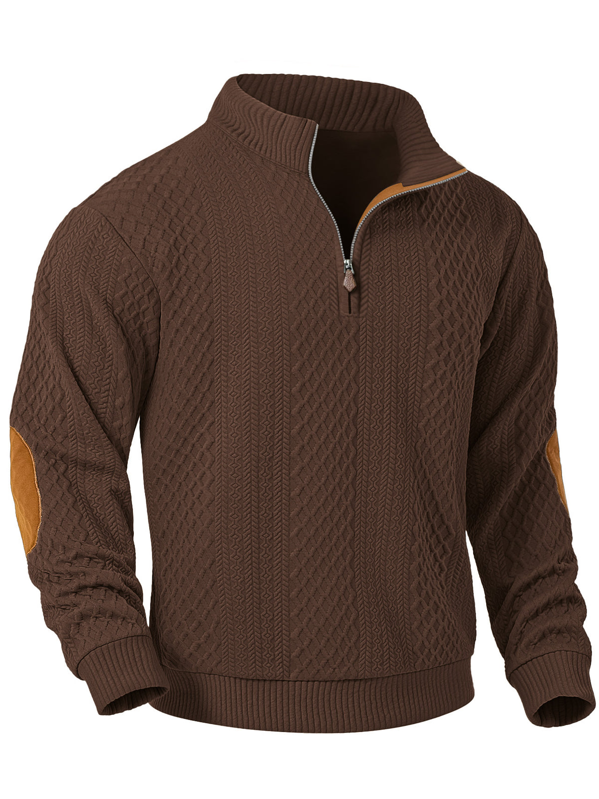 JK03 Riskrole Men's Quarter Zip Cable Knit Sweater with Faux Leather Elbow Patches