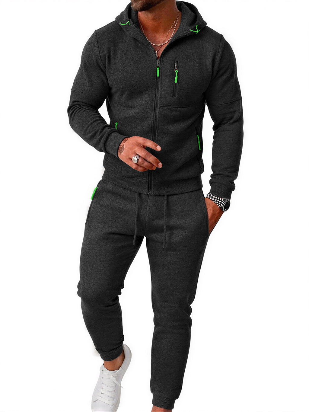 TZ804 Men's Zipper Hoodie Tracksuit 2 Piece Outfit, Casual Long Sleeve Hooded Sweatshirt & Jogger Pants Set