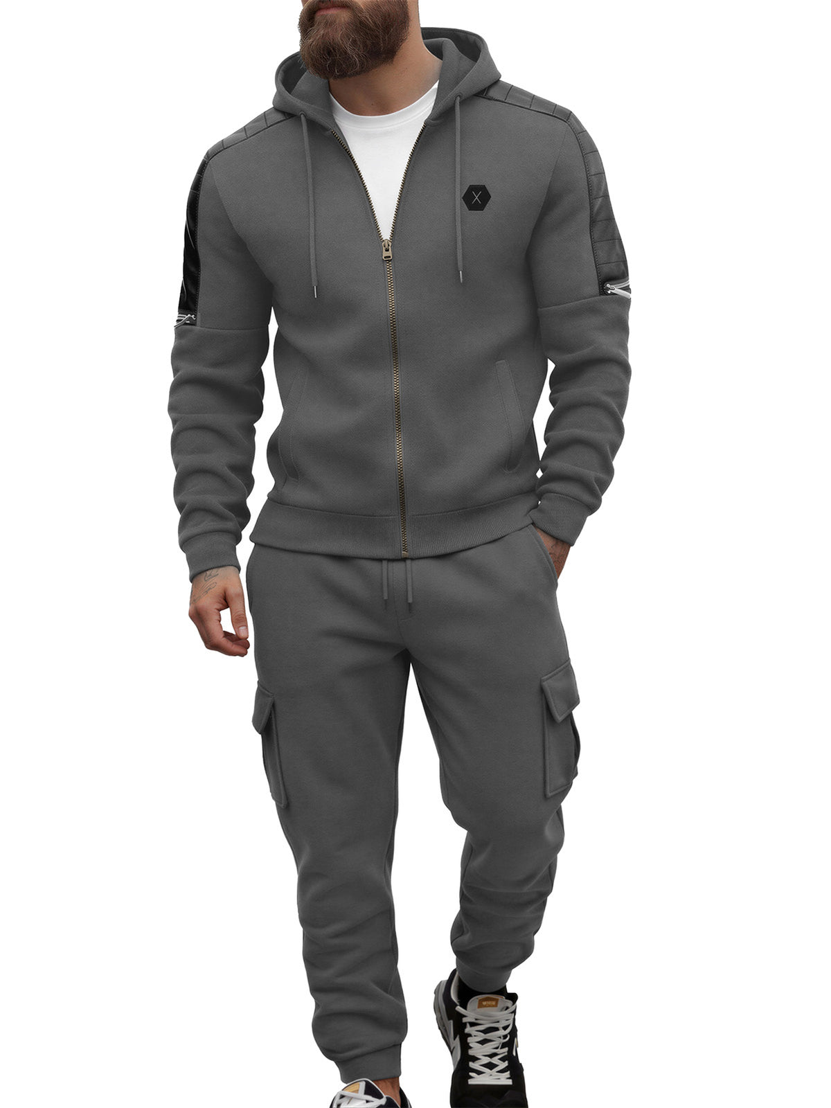 TZ09 Men's Zip Up Hoodie Tracksuit 2 Piece Matching Outfit with Zipper Pockets