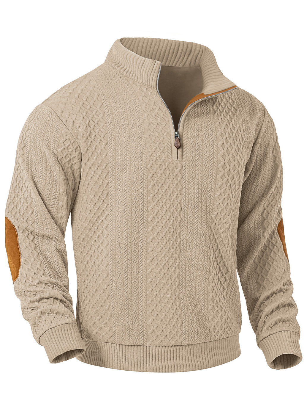 JK03 Riskrole Men's Quarter Zip Cable Knit Sweater with Faux Leather Elbow Patches