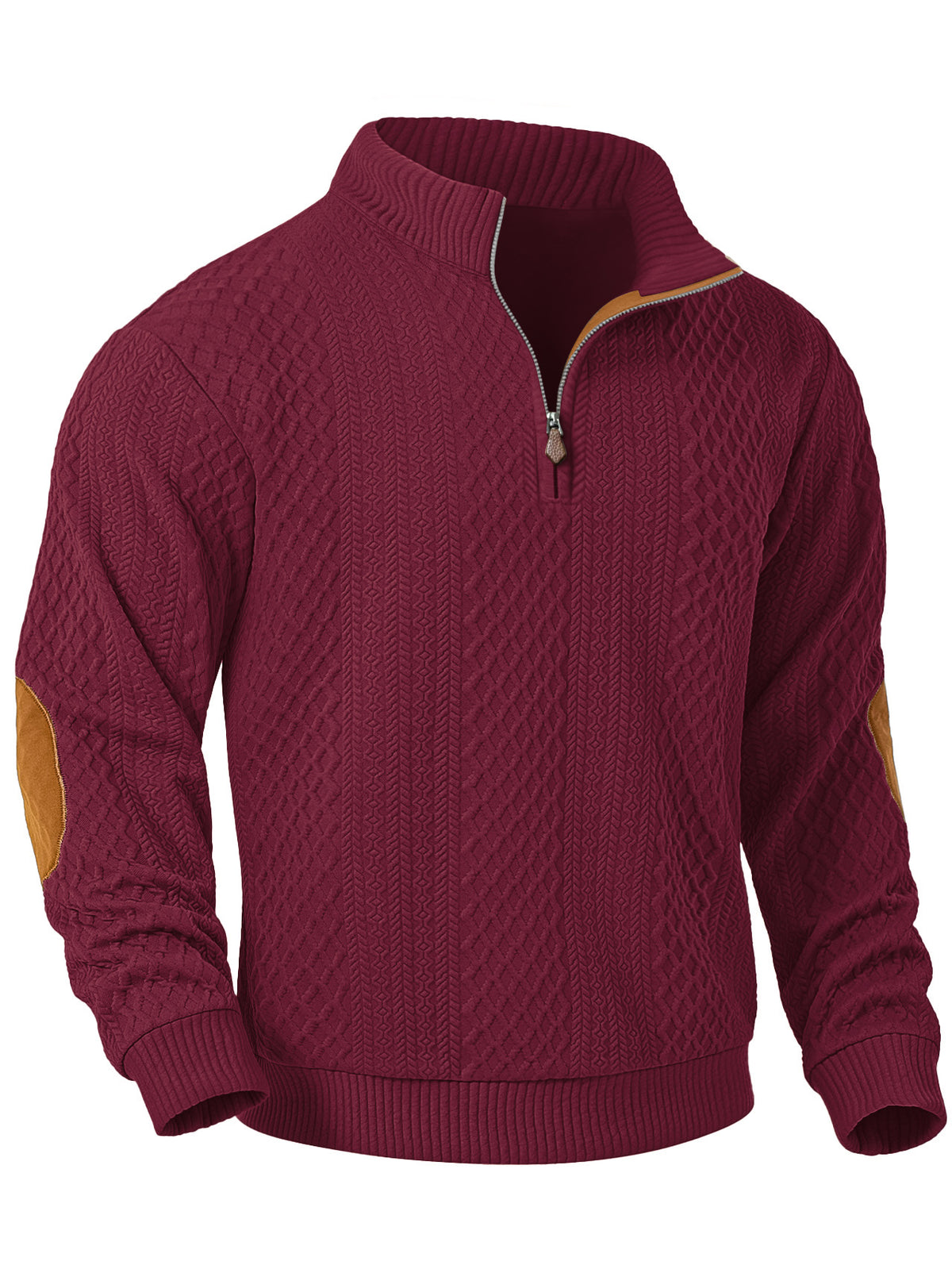 JK03 Riskrole Men's Quarter Zip Cable Knit Sweater with Faux Leather Elbow Patches