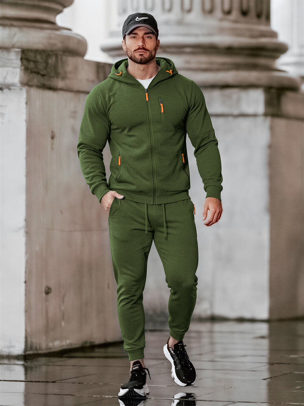 TZ804 Men's Zipper Hoodie Tracksuit 2 Piece Outfit, Casual Long Sleeve Hooded Sweatshirt & Jogger Pants Set