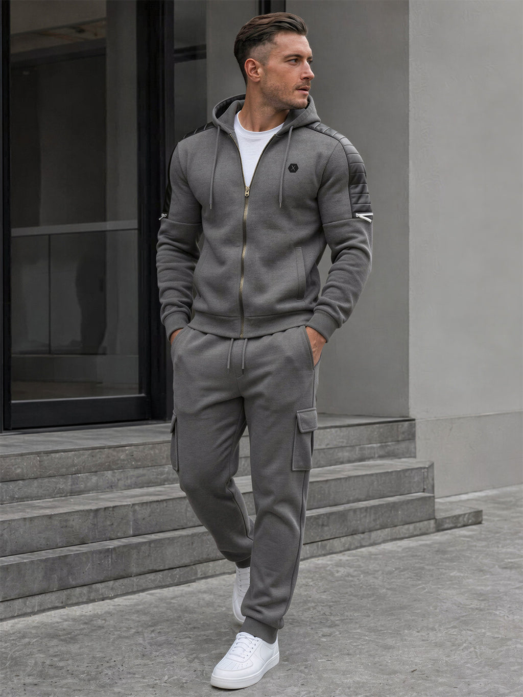 TZ09 Men's Zip Up Hoodie Tracksuit 2 Piece Matching Outfit with Zipper Pockets