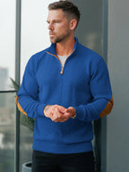 JK03 Riskrole Men's Quarter Zip Cable Knit Sweater with Faux Leather Elbow Patches