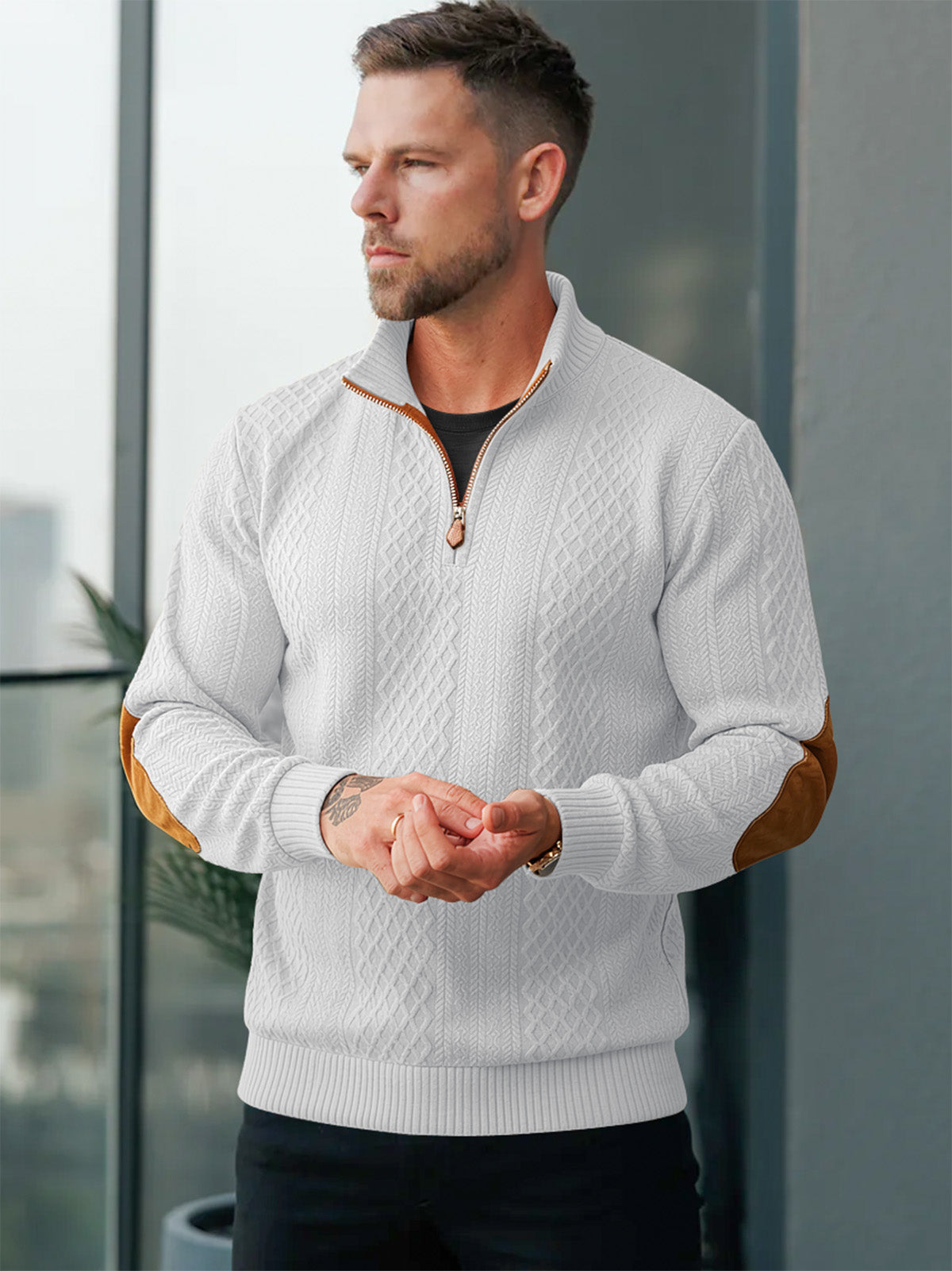 JK03 Riskrole Men's Quarter Zip Cable Knit Sweater with Faux Leather Elbow Patches