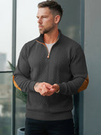 JK03 Riskrole Men's Quarter Zip Cable Knit Sweater with Faux Leather Elbow Patches