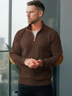 JK03 Riskrole Men's Quarter Zip Cable Knit Sweater with Faux Leather Elbow Patches