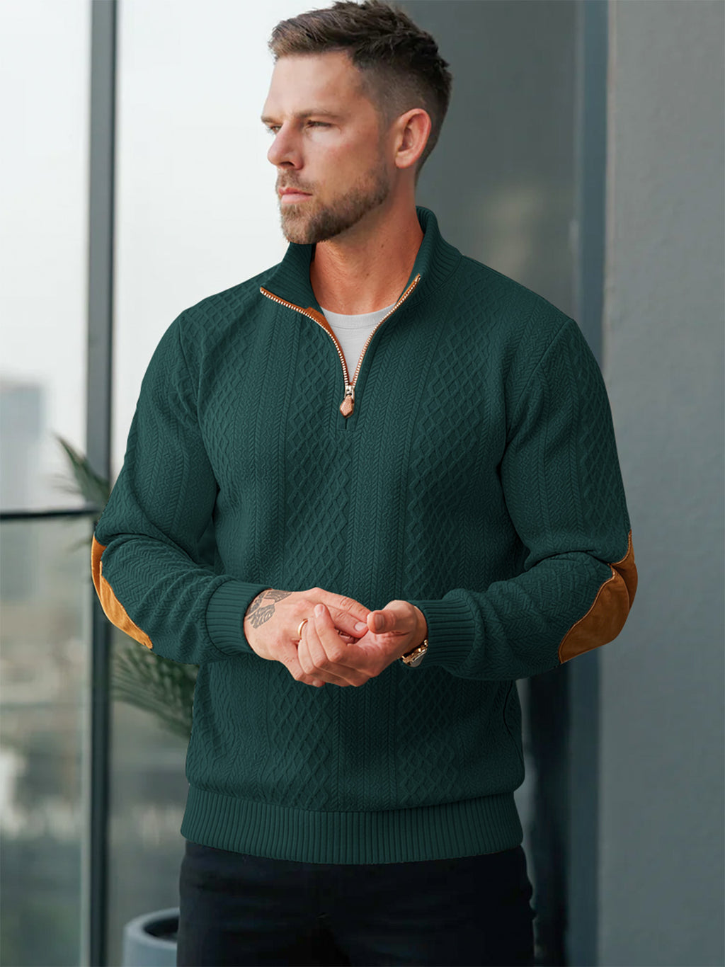 JK03 Riskrole Men's Quarter Zip Cable Knit Sweater with Faux Leather Elbow Patches
