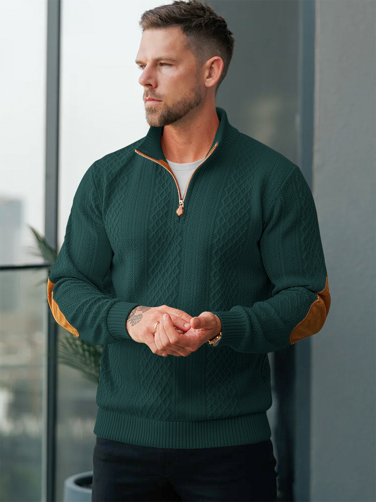 JK03 Riskrole Men's Quarter Zip Cable Knit Sweater with Faux Leather Elbow Patches