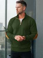 JK03 Riskrole Men's Quarter Zip Cable Knit Sweater with Faux Leather Elbow Patches