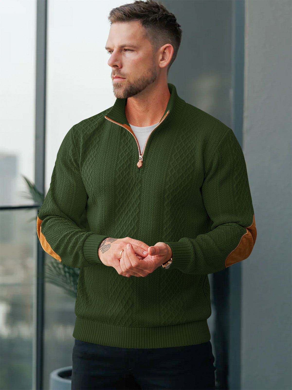 JK03 Riskrole Men's Quarter Zip Cable Knit Sweater with Faux Leather Elbow Patches