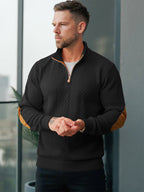 JK03 Riskrole Men's Quarter Zip Cable Knit Sweater with Faux Leather Elbow Patches