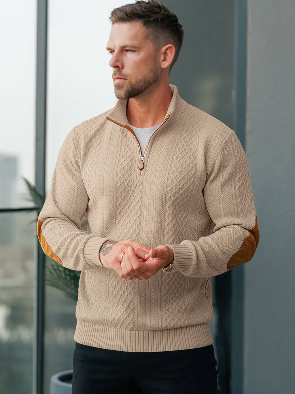 JK03 Riskrole Men's Quarter Zip Cable Knit Sweater with Faux Leather Elbow Patches