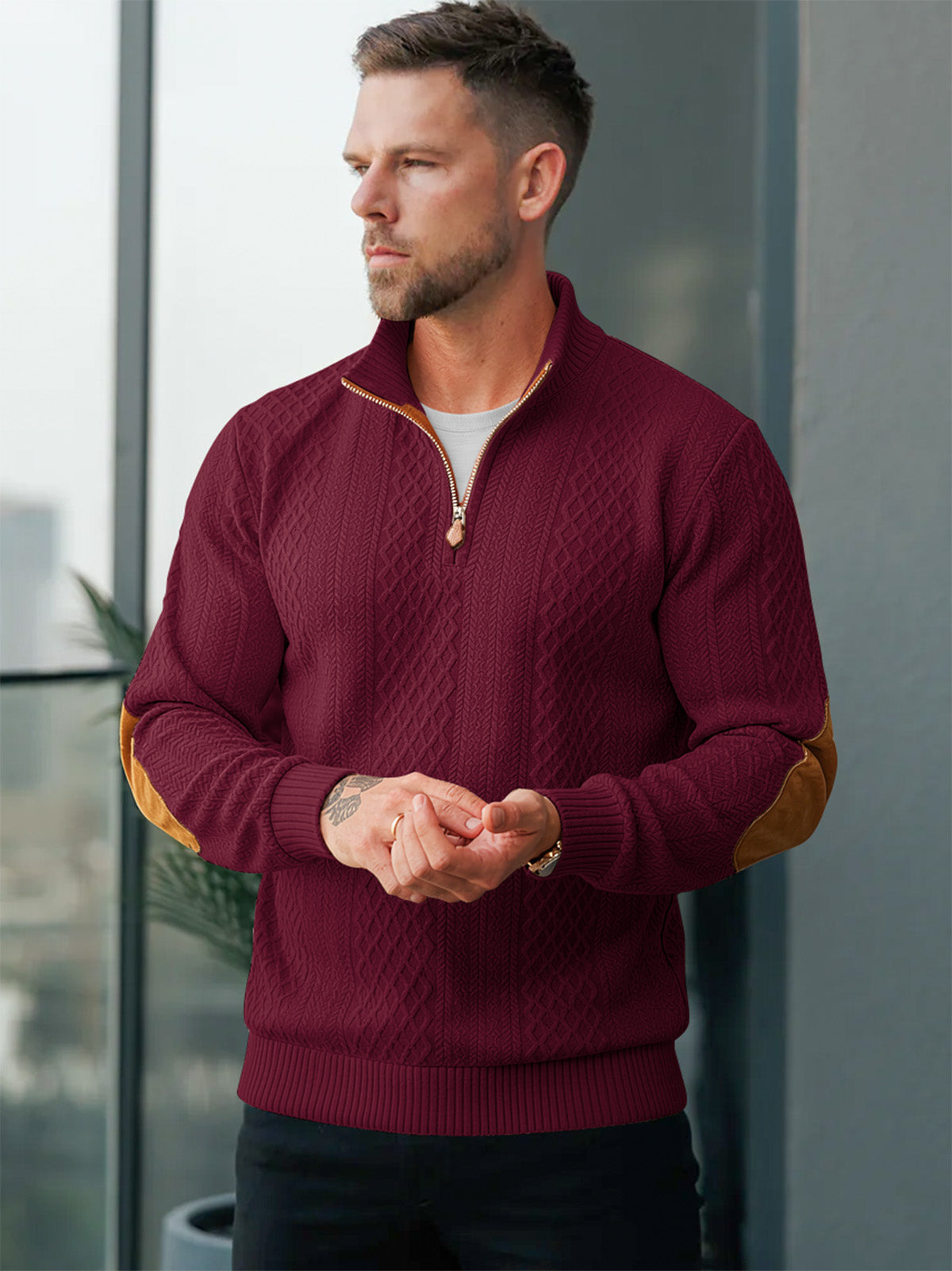 JK03 Riskrole Men's Quarter Zip Cable Knit Sweater with Faux Leather Elbow Patches