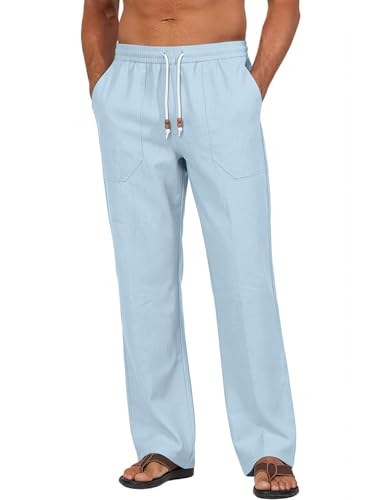 Men's Cotton-Linen Drawstring Pants - Light Blue
