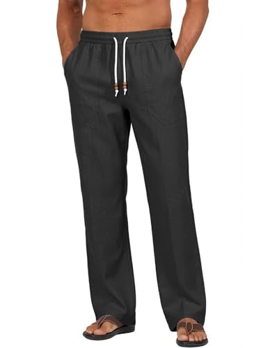 Men's Cotton-Linen Drawstring Pants - Black