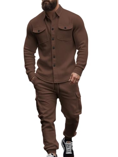 Men's Fleece Cargo Jacket & Pants Set - Coffee