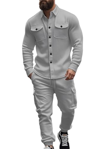 Men's Fleece Cargo Jacket & Pants Set - Light Grey