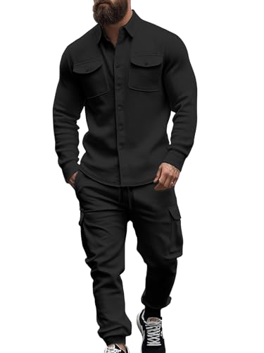Men's Fleece Cargo Jacket & Pants Set - Black