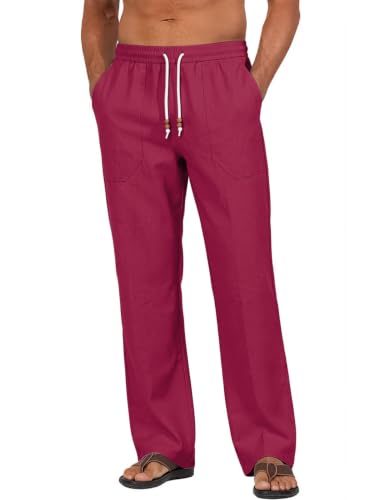 Men's Cotton-Linen Drawstring Pants - Wine Red