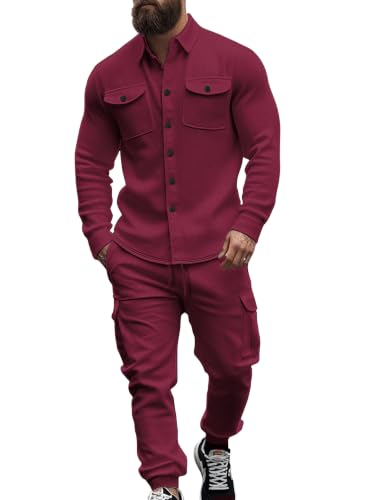 Men's Fleece Cargo Jacket & Pants Set - Wine Red