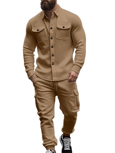 Men's Fleece Cargo Jacket & Pants Set - Khaki