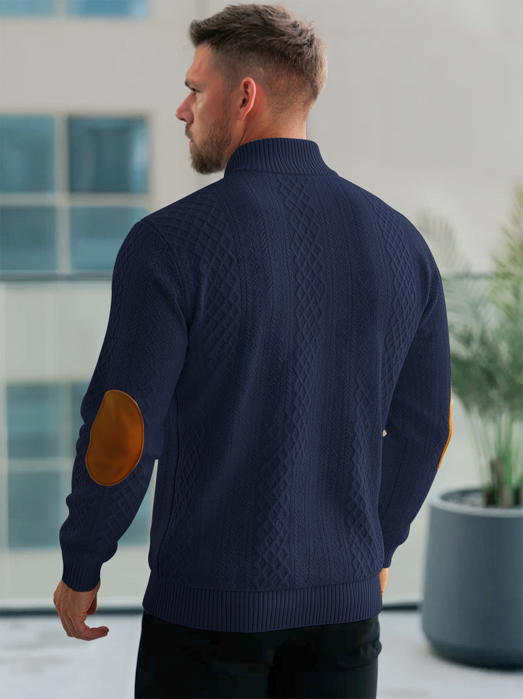 JK03 Riskrole Men's Quarter Zip Cable Knit Sweater with Faux Leather Elbow Patches