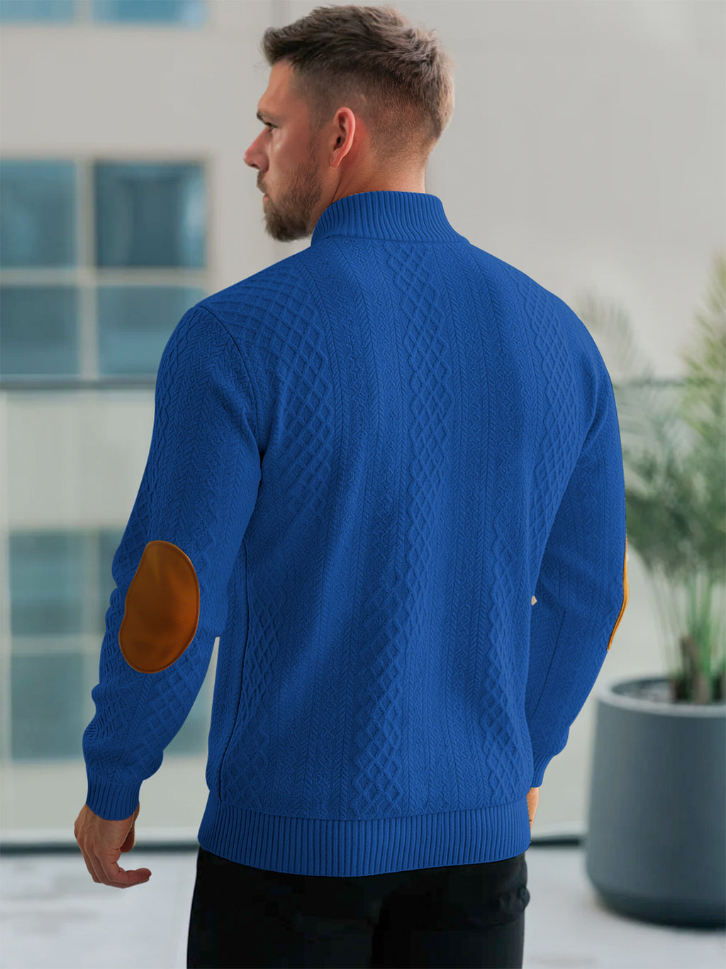 JK03 Riskrole Men's Quarter Zip Cable Knit Sweater with Faux Leather Elbow Patches