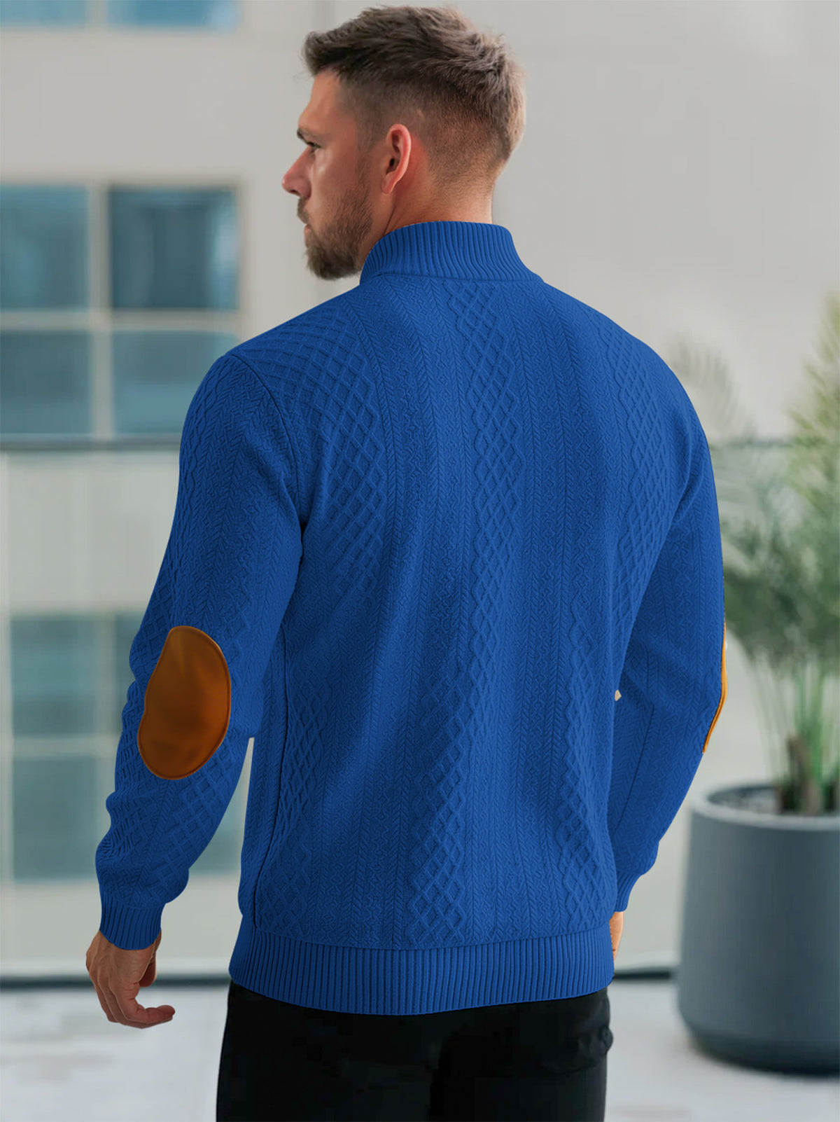 JK03 Riskrole Men's Quarter Zip Cable Knit Sweater with Faux Leather Elbow Patches