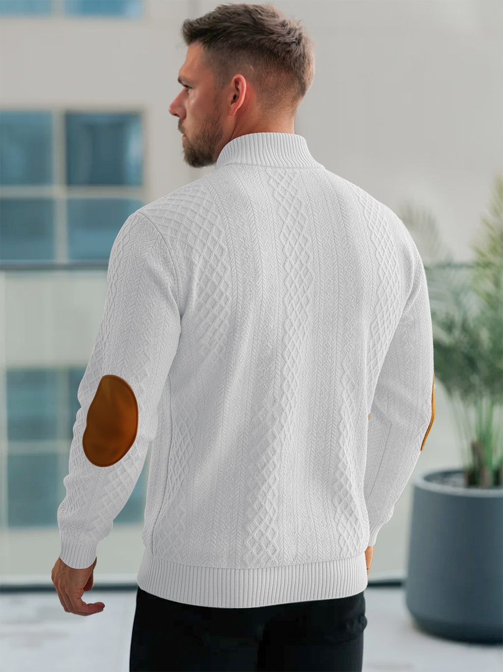 JK03 Riskrole Men's Quarter Zip Cable Knit Sweater with Faux Leather Elbow Patches