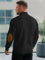JK03 Riskrole Men's Quarter Zip Cable Knit Sweater with Faux Leather Elbow Patches