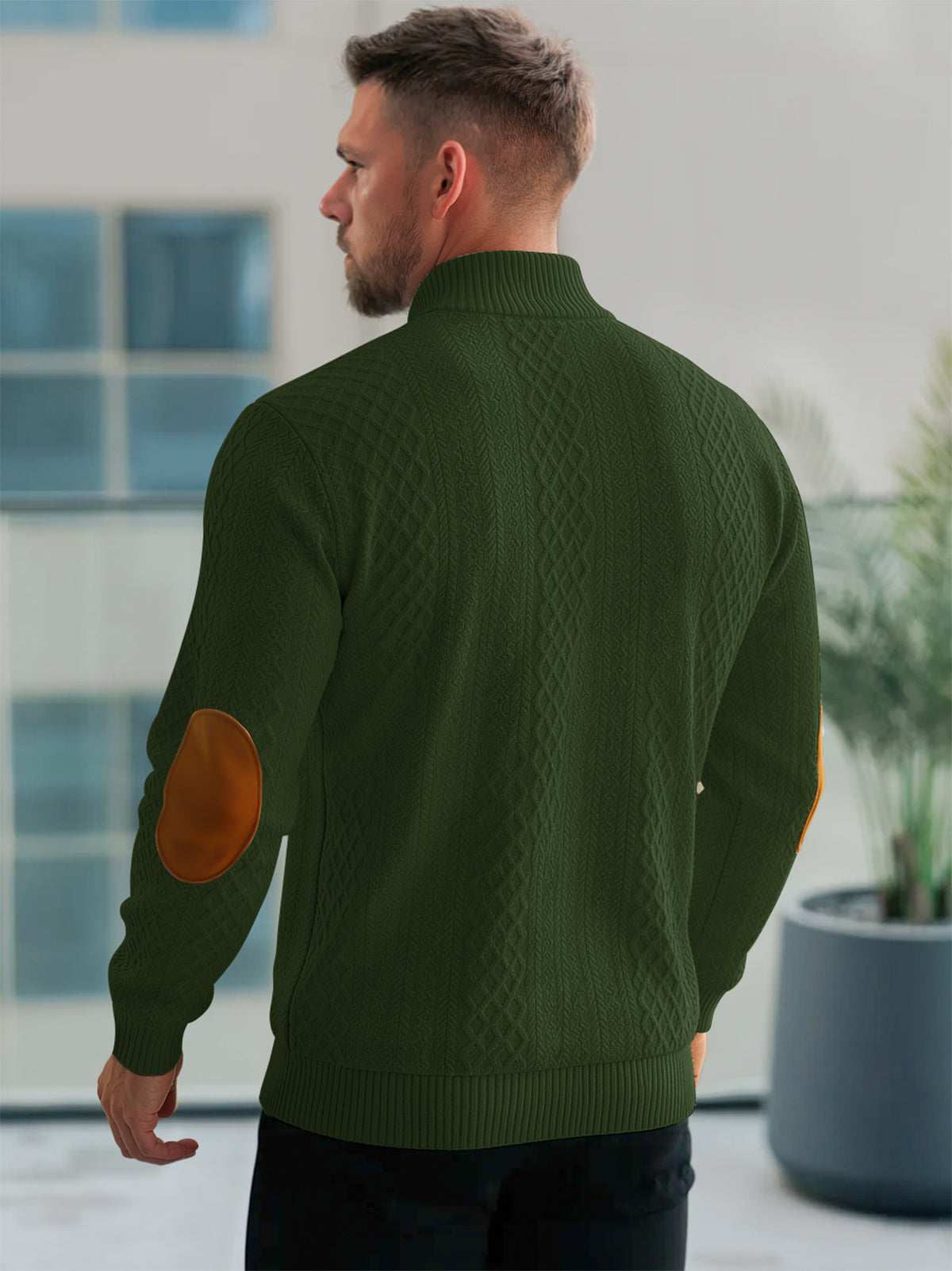JK03 Riskrole Men's Quarter Zip Cable Knit Sweater with Faux Leather Elbow Patches