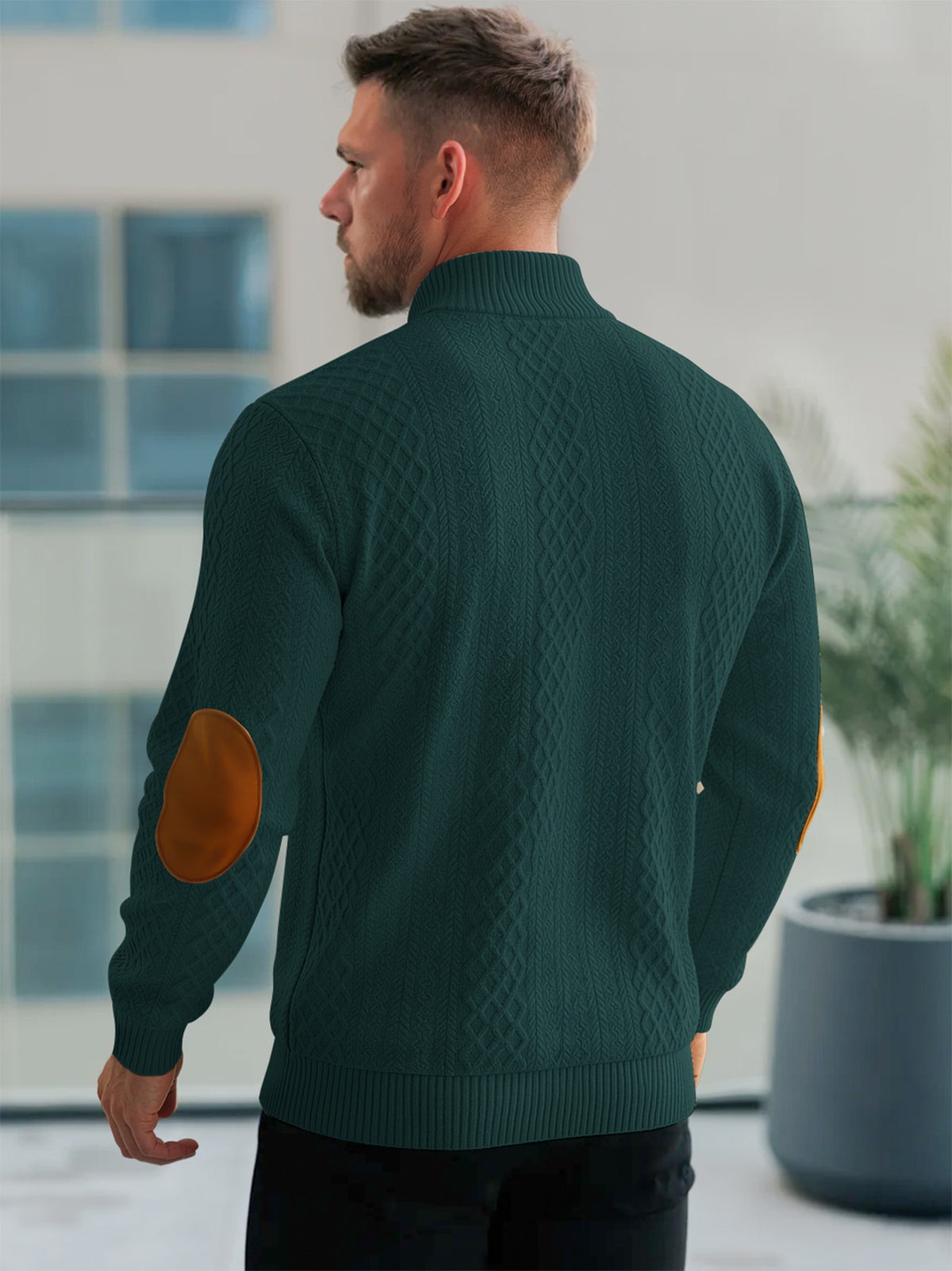 JK03 Riskrole Men's Quarter Zip Cable Knit Sweater with Faux Leather Elbow Patches