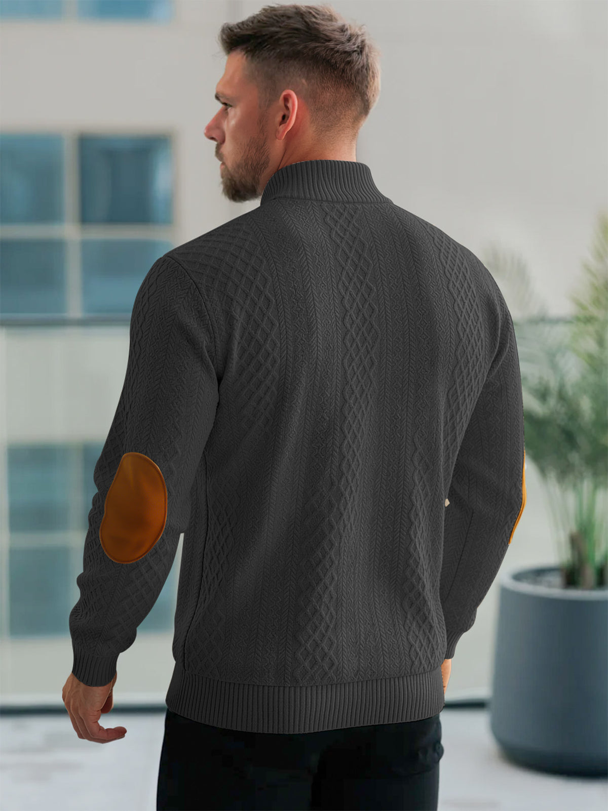 JK03 Riskrole Men's Quarter Zip Cable Knit Sweater with Faux Leather Elbow Patches