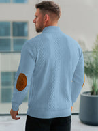 JK03 Riskrole Men's Quarter Zip Cable Knit Sweater with Faux Leather Elbow Patches