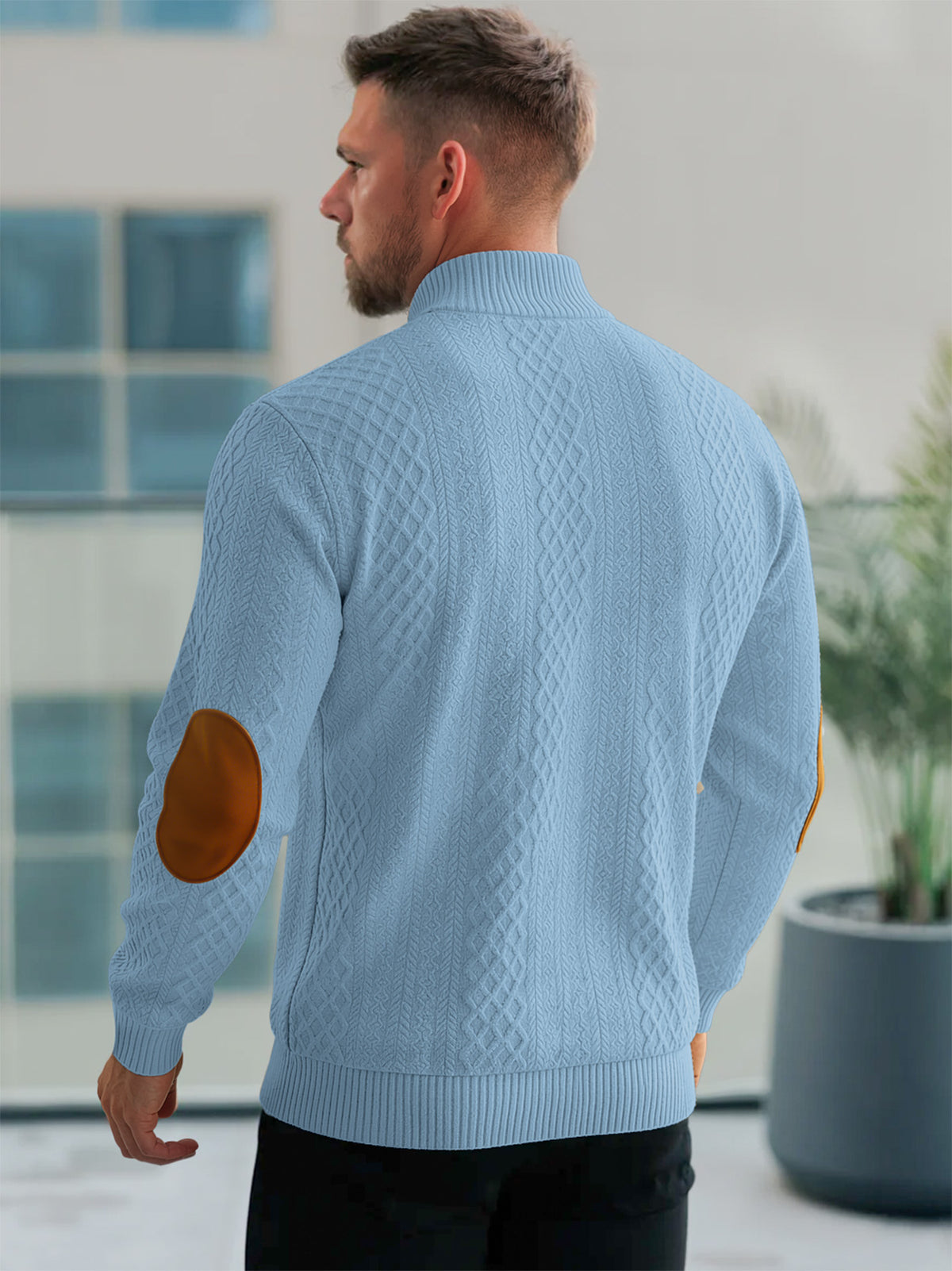 JK03 Riskrole Men's Quarter Zip Cable Knit Sweater with Faux Leather Elbow Patches