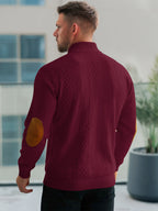 JK03 Riskrole Men's Quarter Zip Cable Knit Sweater with Faux Leather Elbow Patches