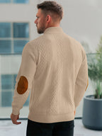 JK03 Riskrole Men's Quarter Zip Cable Knit Sweater with Faux Leather Elbow Patches