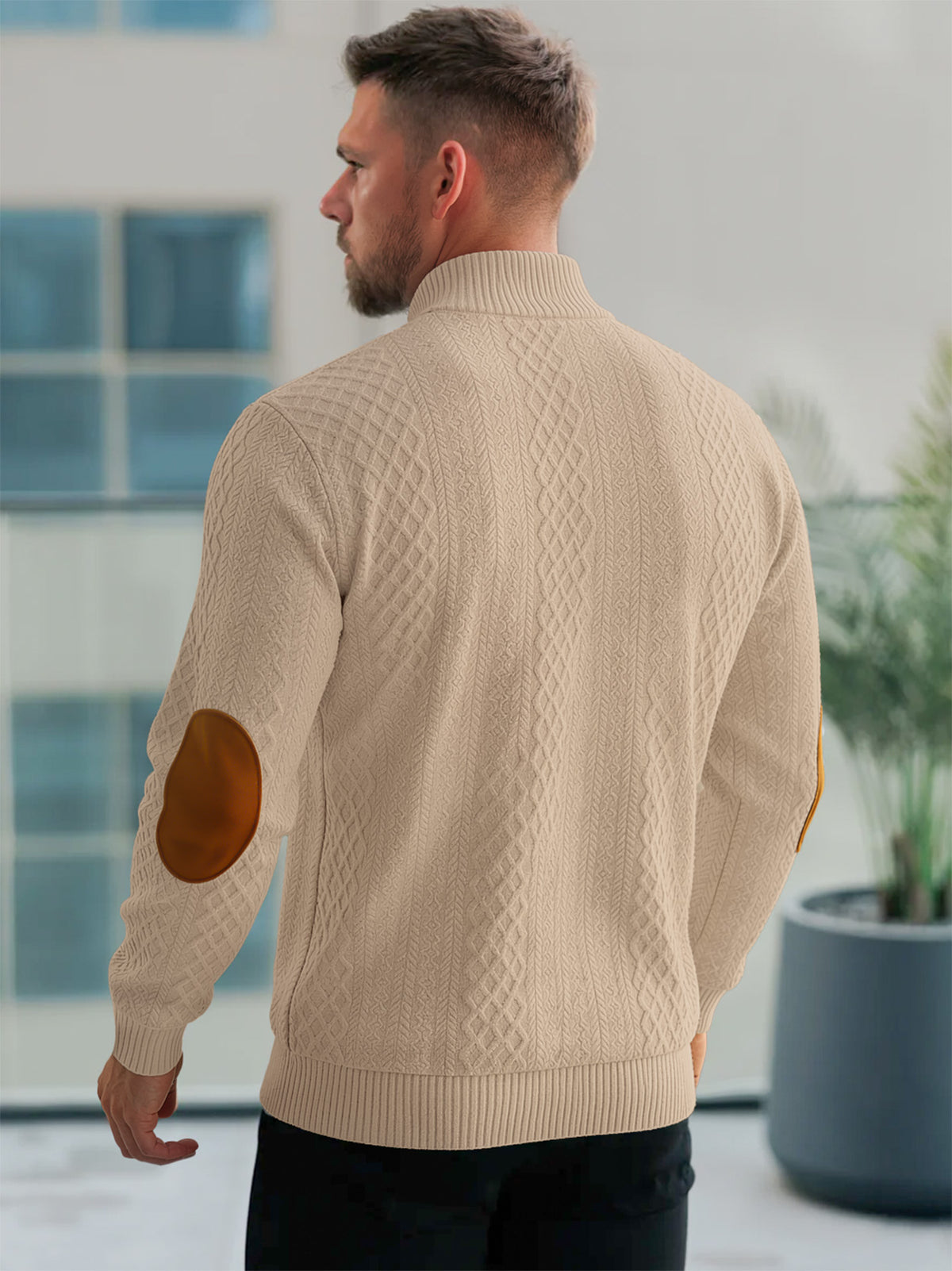 JK03 Riskrole Men's Quarter Zip Cable Knit Sweater with Faux Leather Elbow Patches